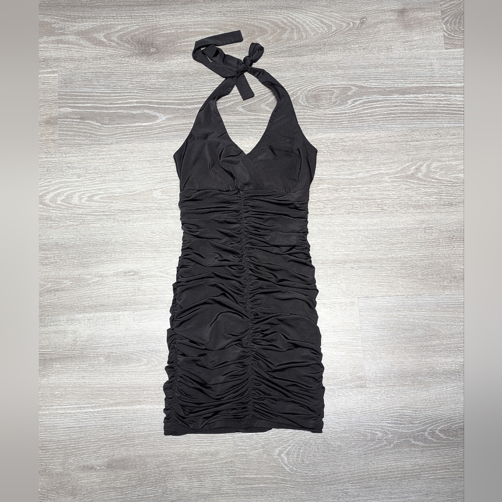 JOYCE LESLIE |  black halter rouched dress